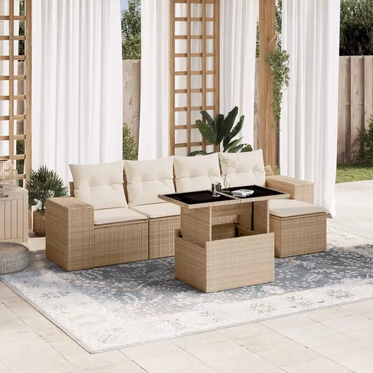 vidaXL Set Divano da Giardino 6 pz in Polyrattan Beige con Cuscini e Tavolino
