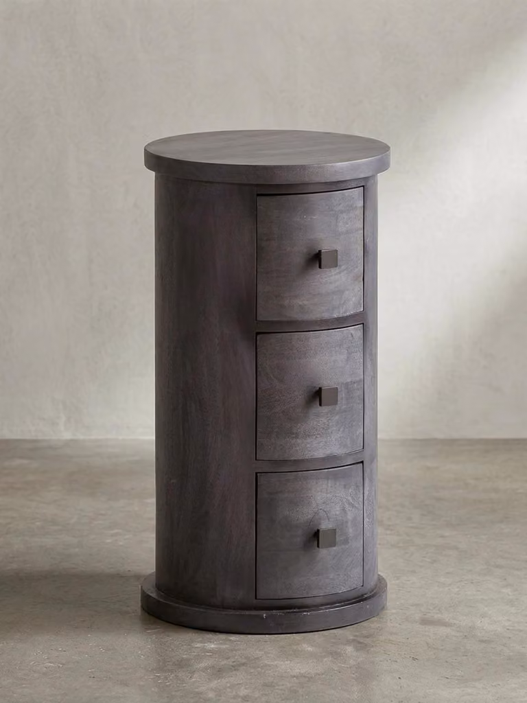 Credenza di design in legno massello di mango nero 34x65x34 cm, armadietto con 3 cassetti, mobile ausiliario stretto in legno massello, mini cassettiera rotonda