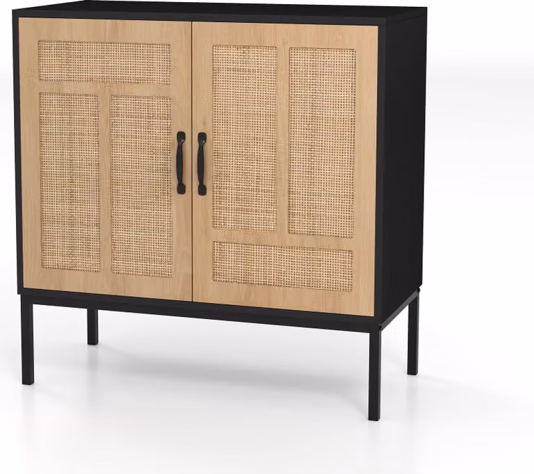 Credenza KOMFOTTEU con 2 ante in rattan, mobile da cucina con 3 ripiani regolabili, mobile buffet con gambe in metallo e protezione antiribaltamento, credenza buffet per soggiorno, sala da pranzo (nero)