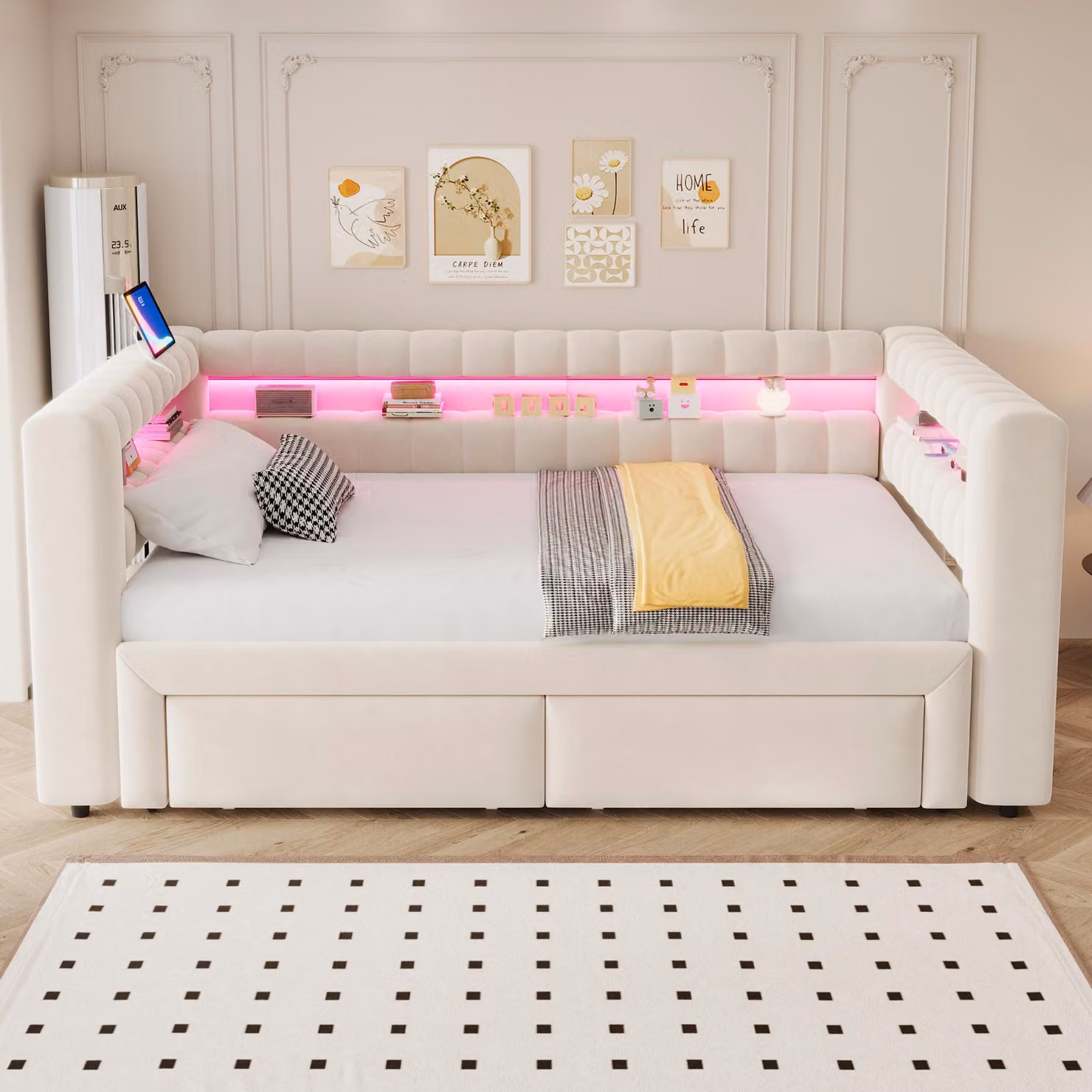 Letto imbottito okwish 90/180x190 con letto a scomparsa e 2 cassetti, divano letto con USB e porta Type-C, luci LED, letto per bambini color beige, senza materasso