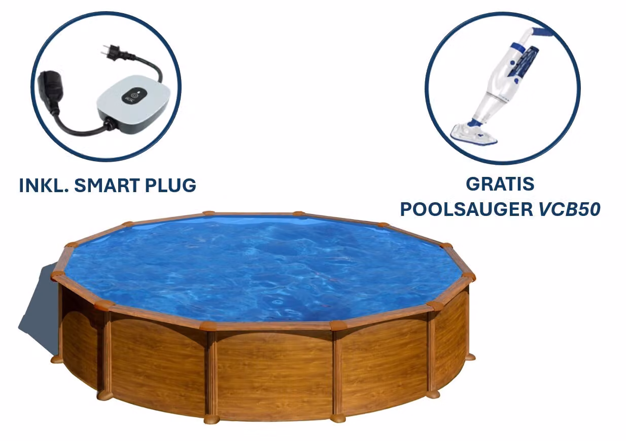 Piscina rotonda in acciaio con effetto legno GRE KITPR558WO – Ø 550 x 132 cm, set completo + pulitore elettrico per piscina VCB50 in omaggio