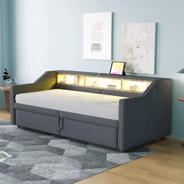 Divano letto estraibile Mivray con secondo letto, illuminazione LED e porta USB, rivestito in lino grigio scuro, L/P/H: 90 x 200 cm