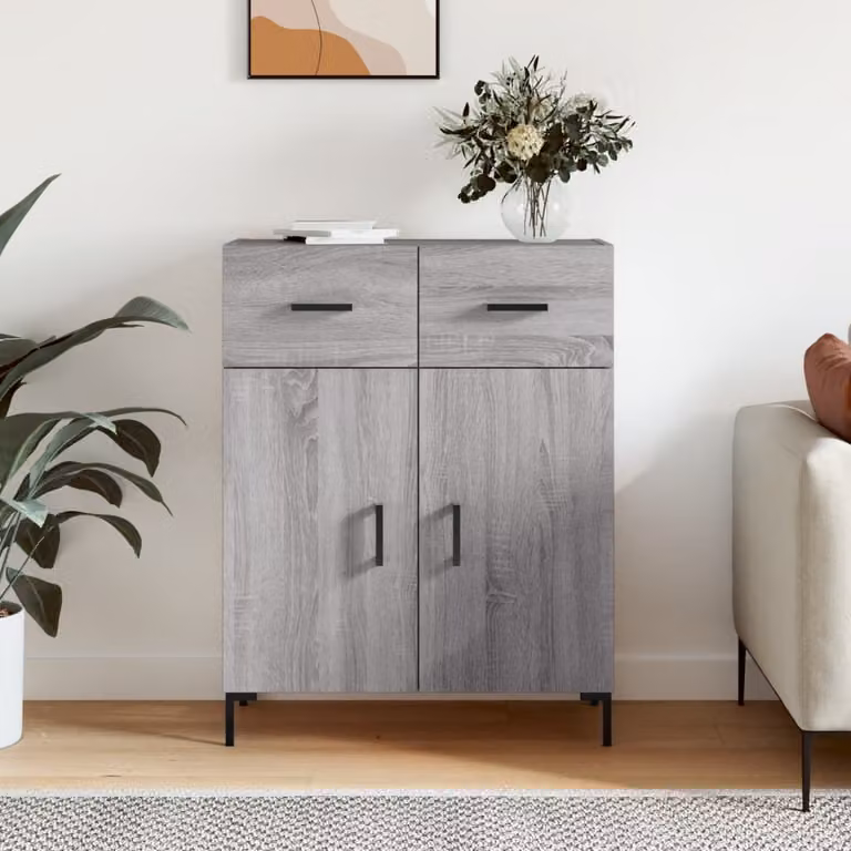 Credenza moderna vidaXL in legno multistrato e metallo, Grigio Sonoma, L: 69,5 cm, P: 34 cm, H: 90 cm