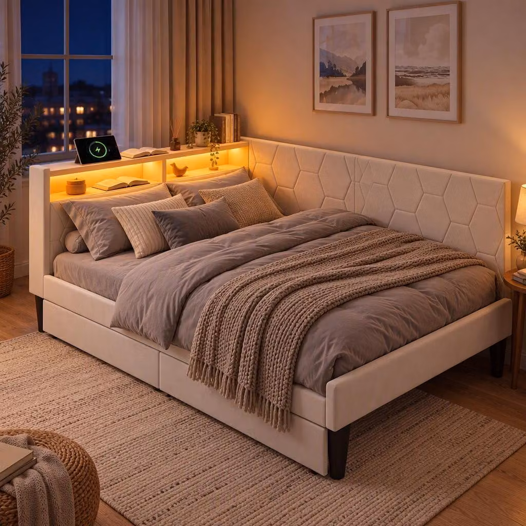 Letto imbottito a giorno 90x200 con LED, divano letto imbottito, letto per ragazzi con 2 cassetti e spazio contenitivo, letto a giorno per ragazzi con USB, color beige