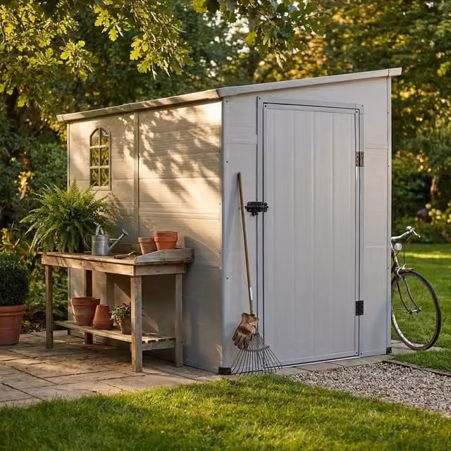 Casetta porta attrezzi da giardino REX in plastica e acciaio, colore grigio, L: 247 cm, P: 143 cm, H: 194 cm – 1