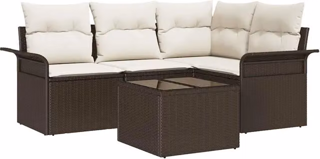 Set Divano da Giardino con cuscino 5 pz | Set Salotto da Giardino Marrone polyrattan