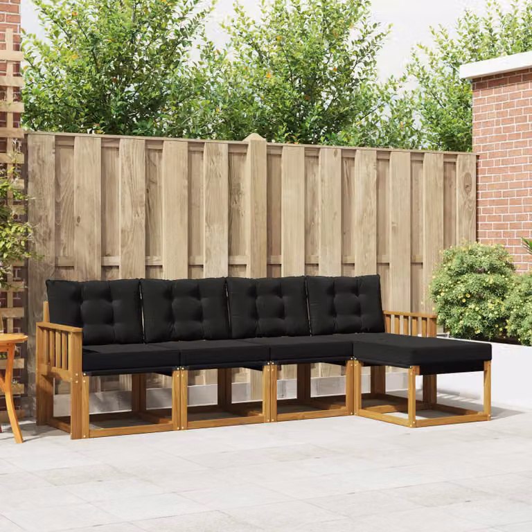 Set di divani da esterno vidaXL a forma di L con pouf, in legno di acacia trattato e tessuto textilene, colore marrone e nero