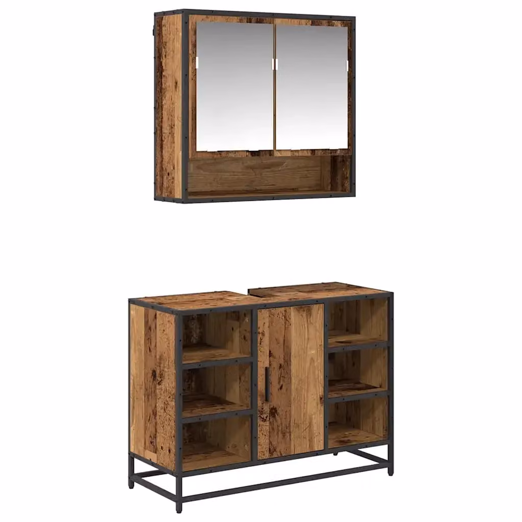 Set di mobili per il bagno vidaXL composto da mobile lavabo e armadietto con specchio in legno e metallo, colore marrone e nero, stile moderno – 2