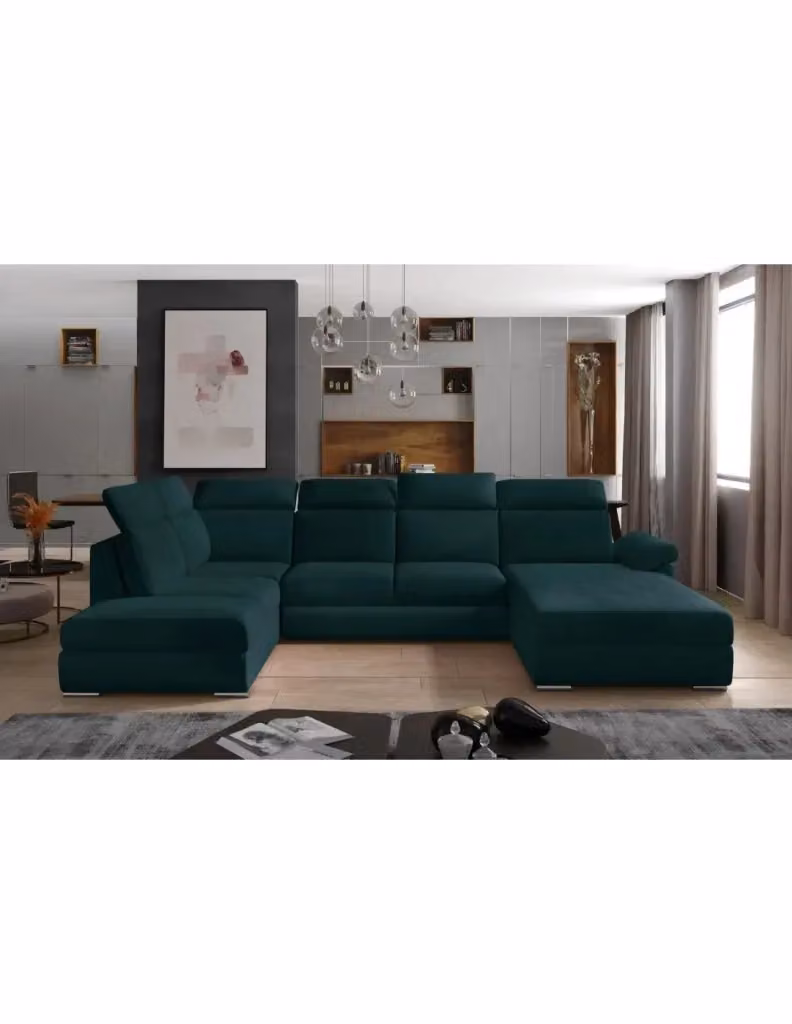 Divano panoramico convertibile MAJESTA Meublorama a 5 posti verde, forma a U con angolo destro, contenitore e funzione letto, L: 336 cm, P: 102 cm, H: 76 cm – 2