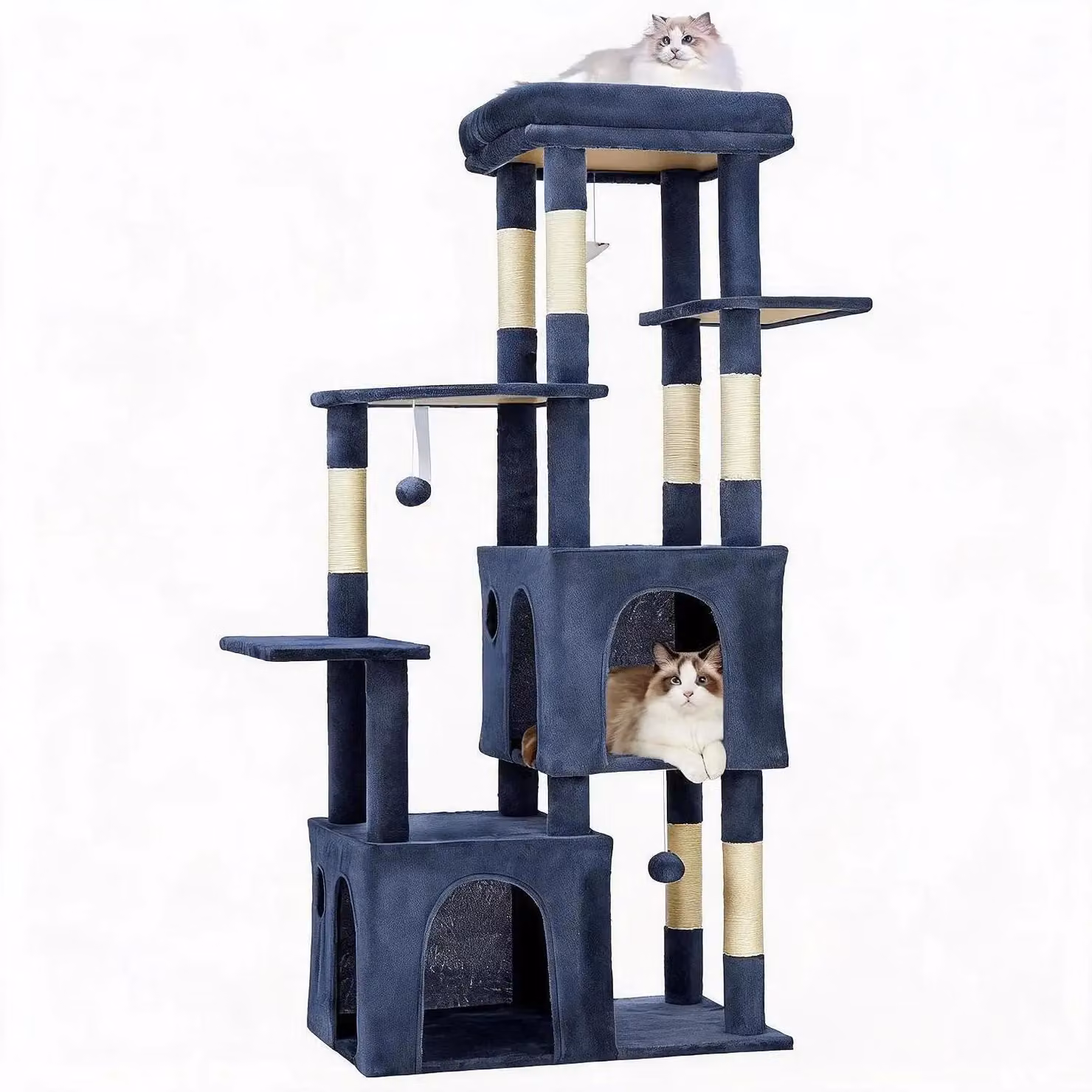 Albero per gatti da appartamento, modello Kratzbaum 150 cm: struttura multistrato con 7 pali in sisal per grattare, 2 ampie cuccette, 4 piattaforme per riposare, palline giocattolo appese. Adatto per gatti di grossa taglia. Colore: blu