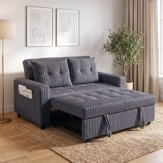 Divano letto 2 posti convertibile 3 in 1 con schienale regolabile, cuscini e tasche laterali in poliestere grigio scuro 190 × 126 cm