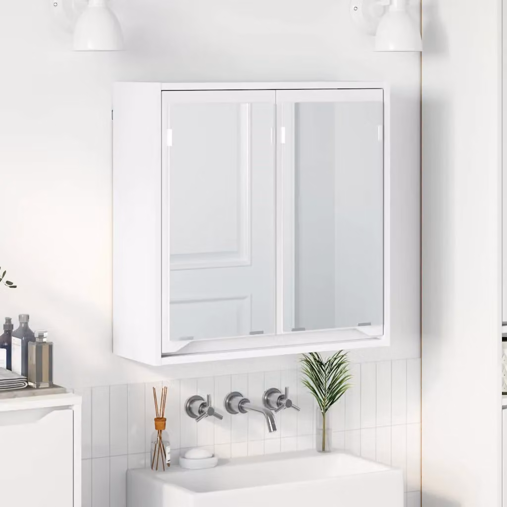 Mobiletto da bagno con specchio e ante in vetro vidaXL Bianco L: 60 cm, P: 20 cm, H: 60 cm