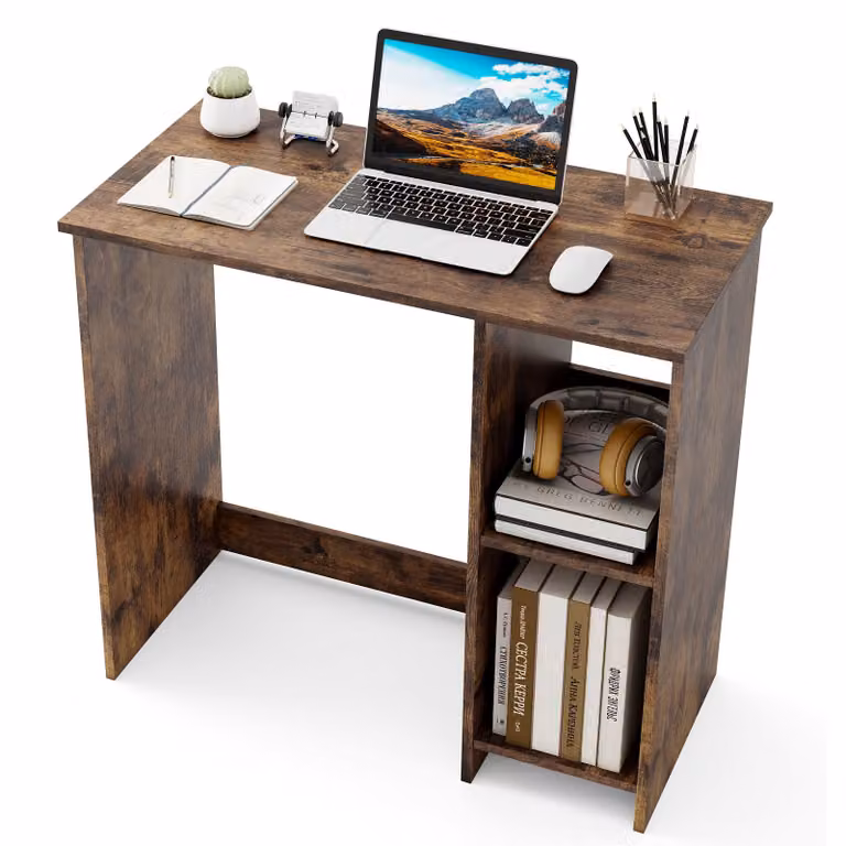 COSTWAY 80 x 40 x 74 cm Piccola scrivania, scrivania in legno per computer con 2 scomparti, tavolo per PC, tavolo da ufficio per piccole stanze, per casa e ufficio, marrone