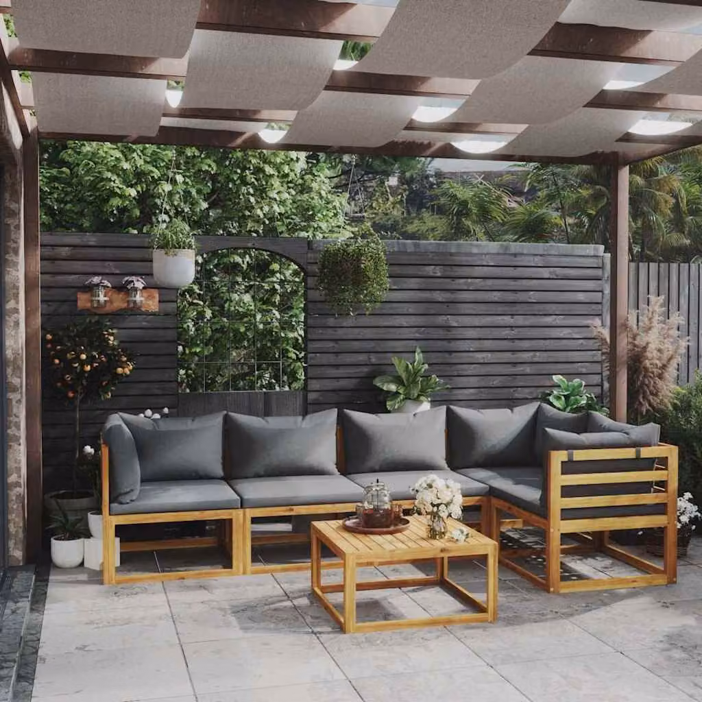 Set di Divani da Giardino vidaXL in Legno di Acacia con Cuscini Grigi e Tavolino, 6 Pezzi – 1