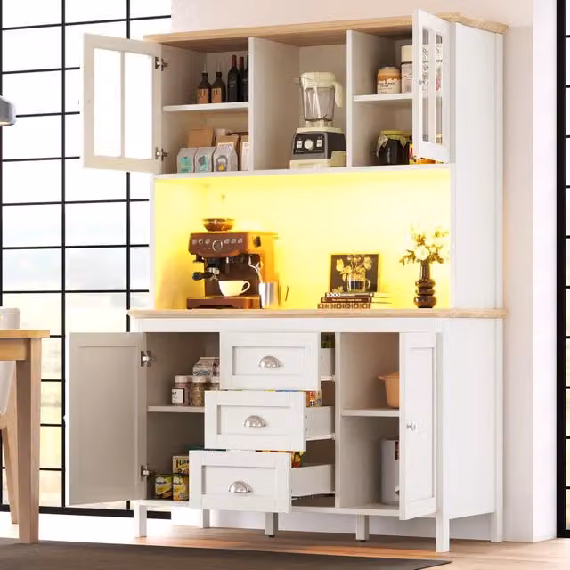 Credenza alta LED con 4 ante, 3 cassetti e vano aperto per cucina e soggiorno in MDF bianco, 120 × 40 × 179 cm