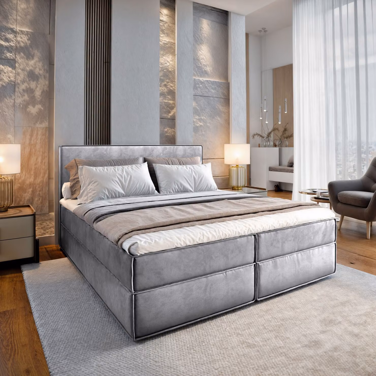 Letto a molle Masseno PELLIO 180x200 cm completo di materasso e topper Bonell, letto imbottito con cassettiera - grigio chiaro, MONOLITH 84
