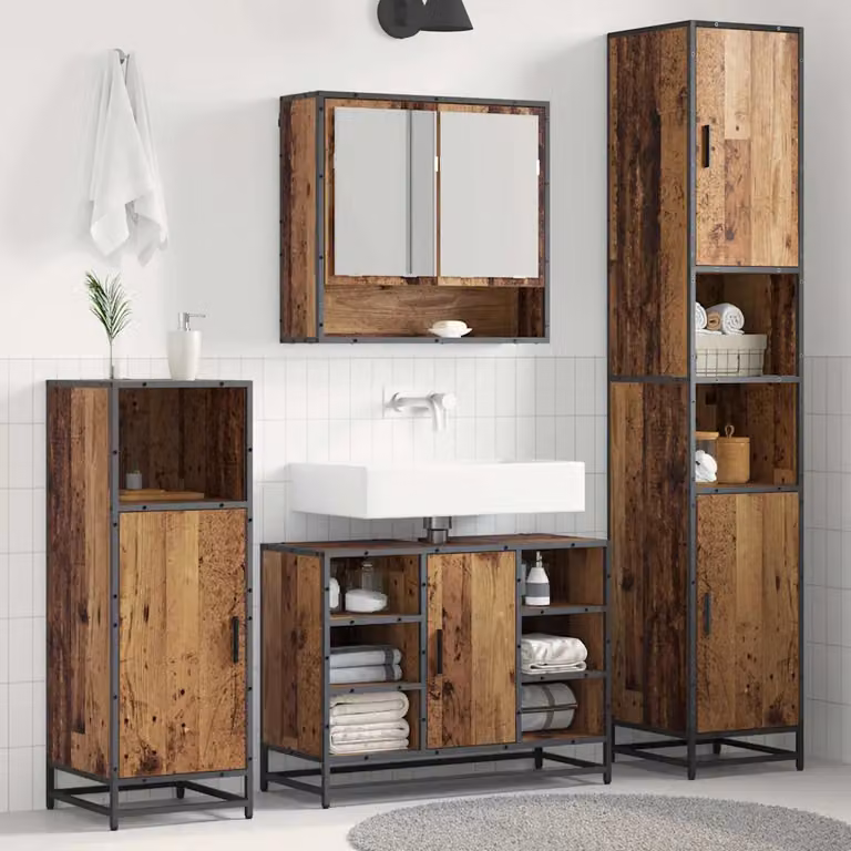 Set di mobili per il bagno vidaXL in legno e metallo marrone e nero, composto da armadietto con specchio, mobile lavabo e colonna alta, stile moderno