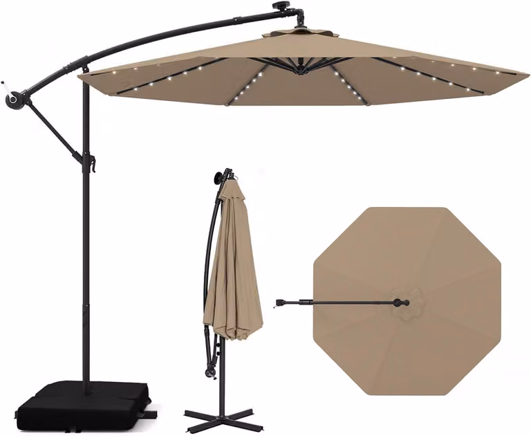 Ombrellone COSTWAY da 350 cm con base, luci a LED e manovella, ombrellone a semisfera, ombrellone da giardino, protezione UV, ombrellone da mercato, ombrellone da terrazza, marrone