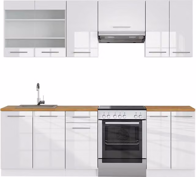 Cucina componibile moderna Vicco Fame-Line Bianco lucido e Rovere, L: 240 cm – 1