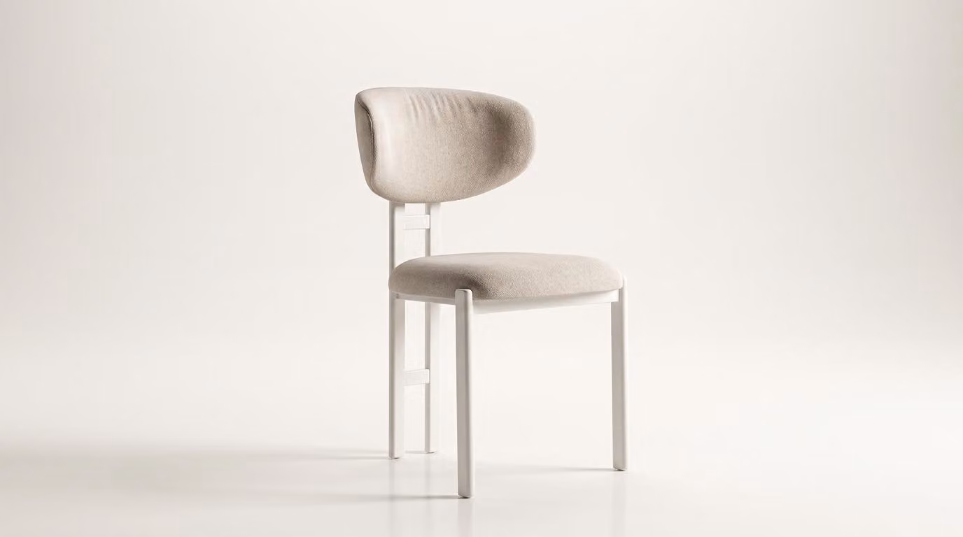 Sedia beige, comoda, imbottita, in tessuto, con struttura in legno, stile moderno, confortevole