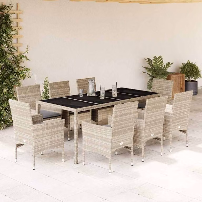 Set Pranzo da Giardino vidaXL in Polyrattan con Vetro e Cuscini Grigio Chiaro, 9 Pezzi