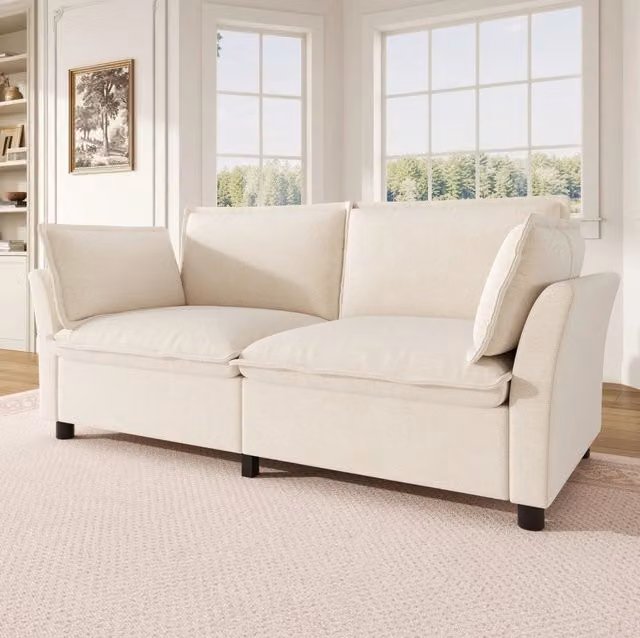 Divano 2 posti ULEVR 155x81x87 cm in ciniglia beige con molle insacchettate e 2 cuscini