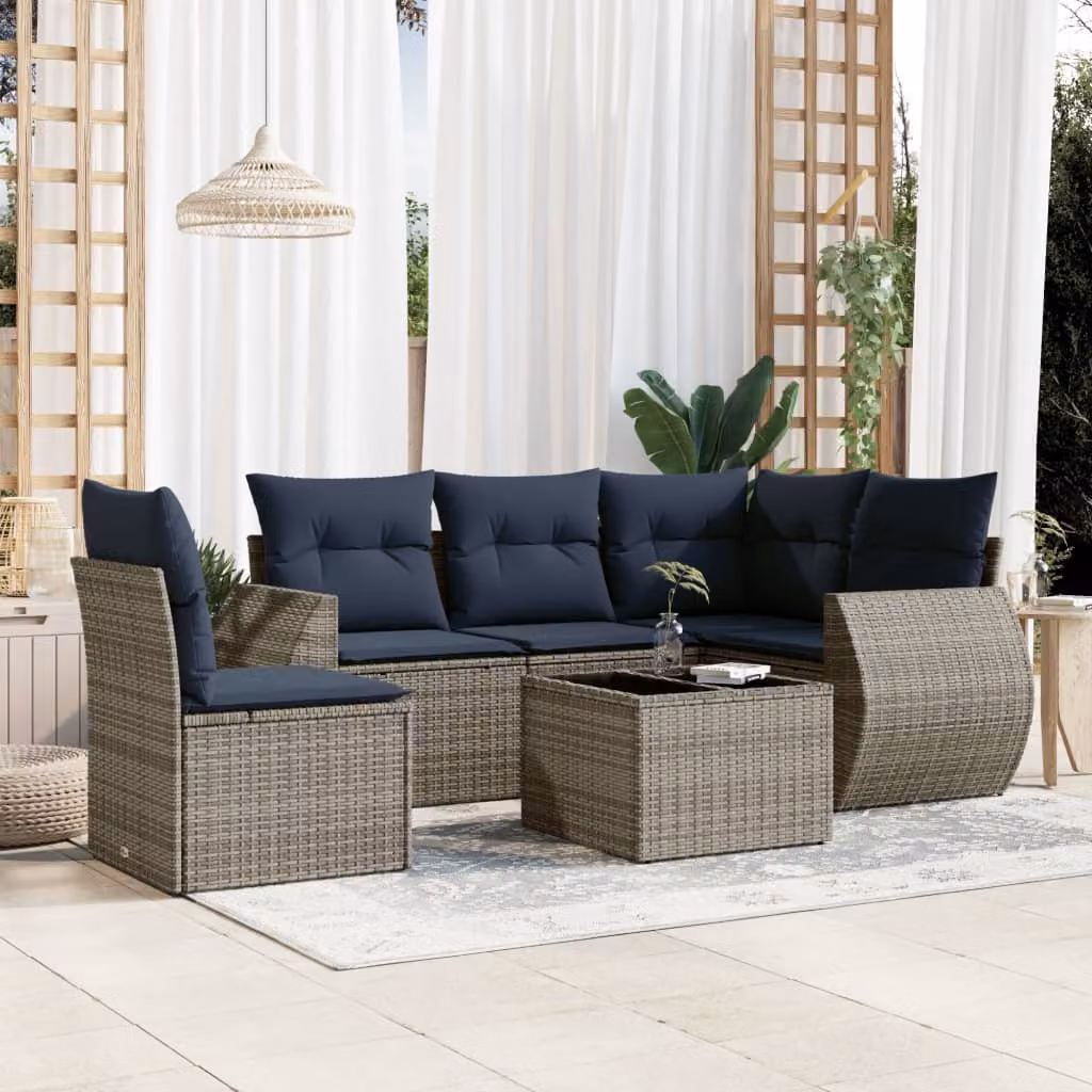 Set da giardino vidaXL in polyrattan grigio con 6 pezzi, divano a L con cuscini e tavolino da esterno