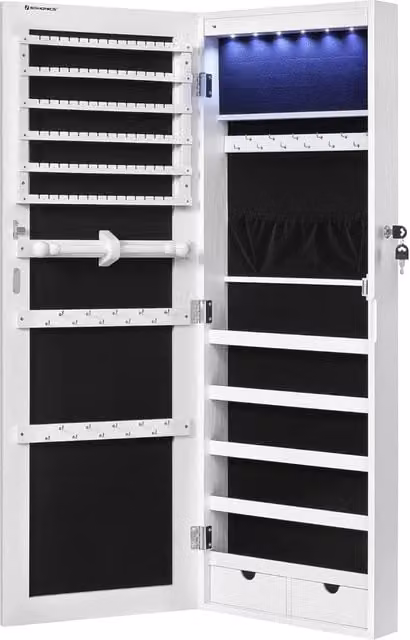 Armadietto portagioie Valora JJC99WT da parete con specchio, interno in velluto bianco e illuminazione LED