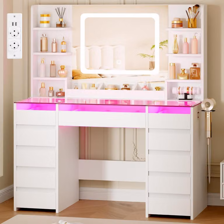 Comò da trucco con specchio e illuminazione RGB, piano in vetro, 11 cassetti, 6 ripiani, presa di corrente, colore bianco