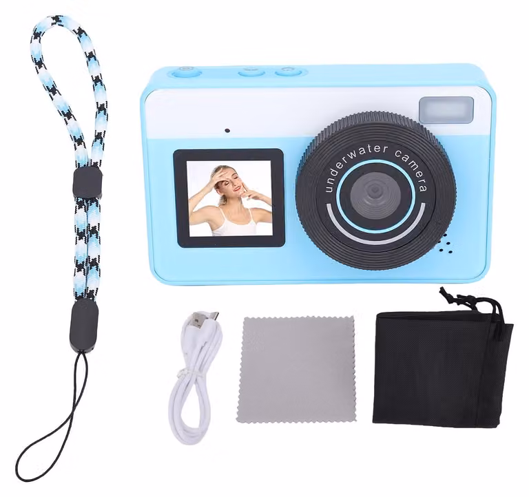 Fotocamera digitale subacquea, impermeabile, zoom ottico 18x, 48 MP, autofocus, doppio schermo per selfie da 2,88 pollici in HD, ideale per lo snorkeling, il surf e il nuoto, blu
