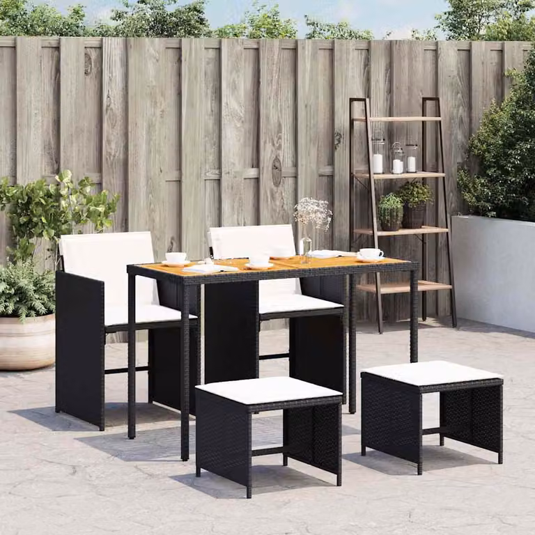 Set da pranzo da giardino vidaXL in legno di acacia e polyrattan nero con cuscini beige, 5 pezzi