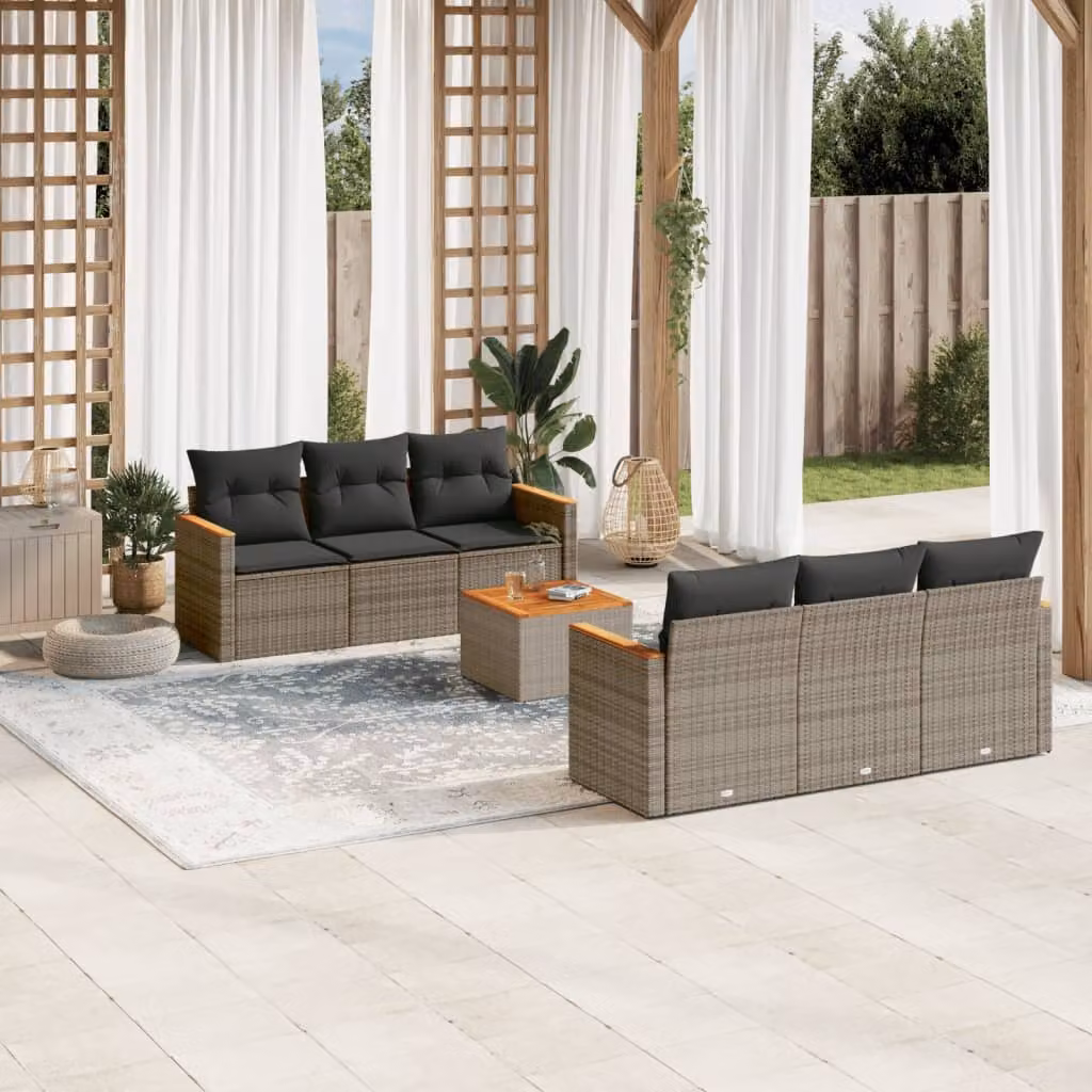 Set di divani da giardino vidaXL in polyrattan grigio con cuscini e tavolino da esterno 7 pezzi – 1