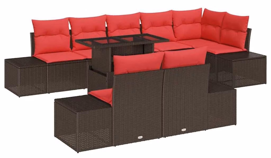 Set di divani da giardino, 9 pezzi, color marrone, in rattan sintetico