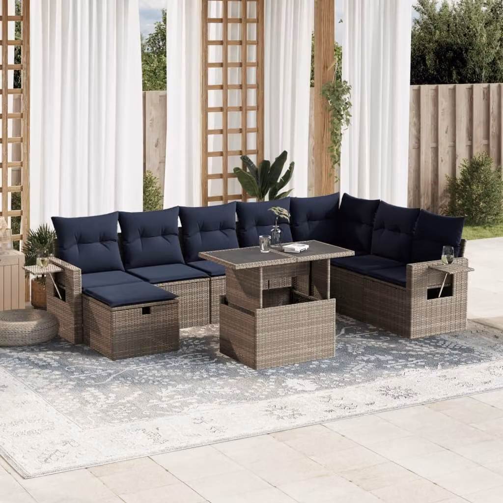 vidaXL Set Divani da Giardino 9 pz in Polyrattan con Cuscini e Tavolino, Design Moderno a L, Grigio e Blu