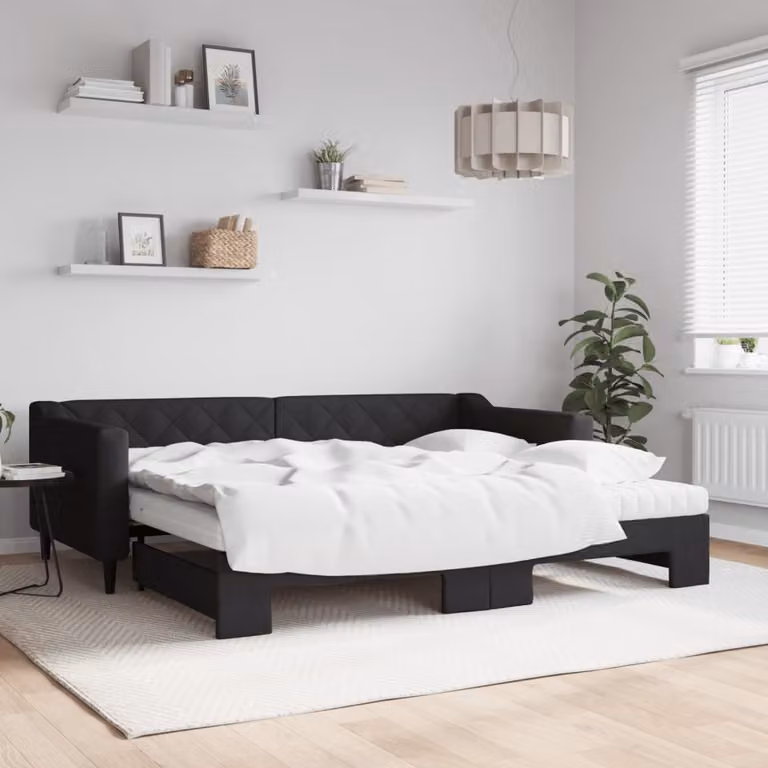 vidaXL Divano Letto Estraibile in Tessuto Nero con Materassi 90x200 cm