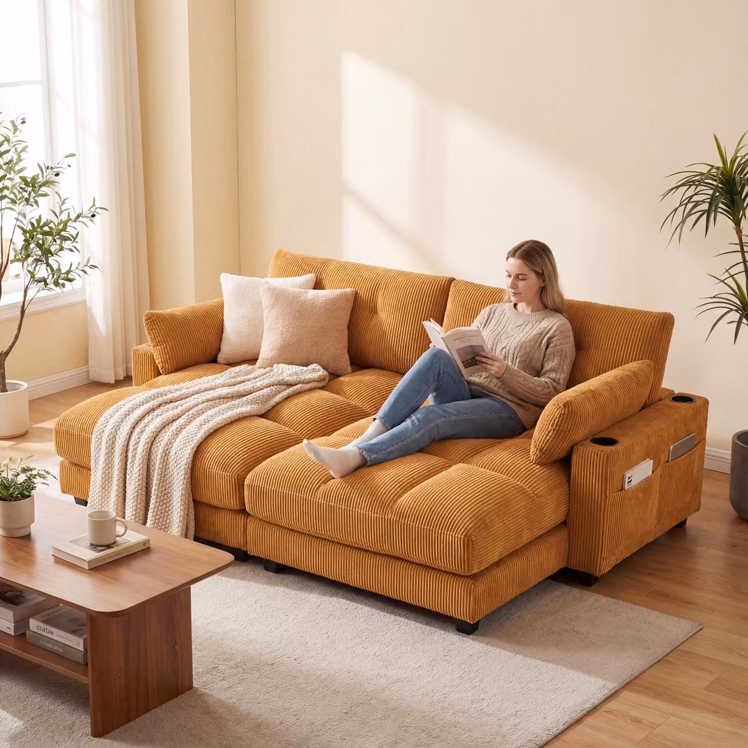 Divano letto LVHOM con USB e portabicchieri, divano a 2 posti, poltrona reclinabile con tasche laterali, poltrona lounge da pavimento, schienale regolabile, giallo