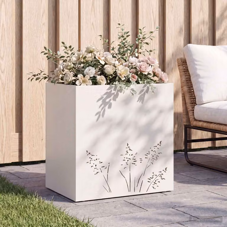 vidaXL Vaso da giardino in metallo Bianco L: 50 cm, P: 30 cm, H: 49 cm