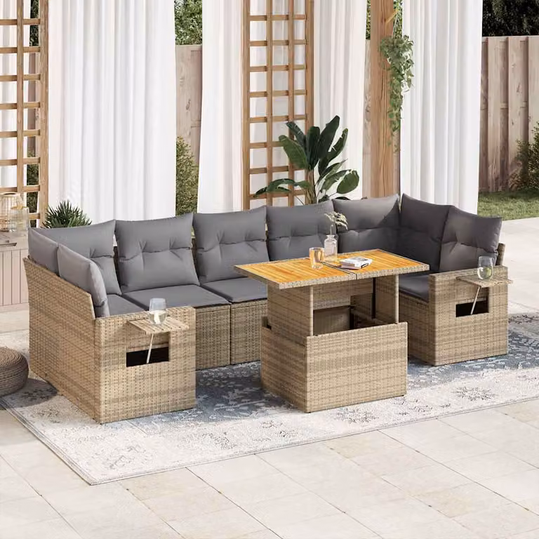 Set Divano da Giardino vidaXL 8 pz in Polyrattan Beige con Cuscini e Tavolino da Esterno a Forma di L