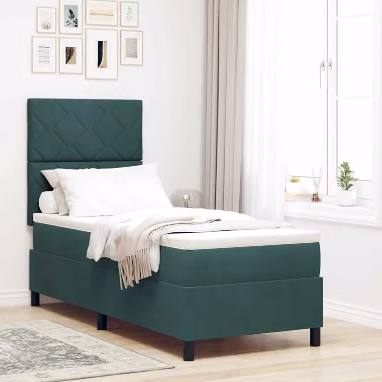 Letto a molle con testiera vidaXL in velluto verde con struttura in legno, L 80 cm x P 200 cm