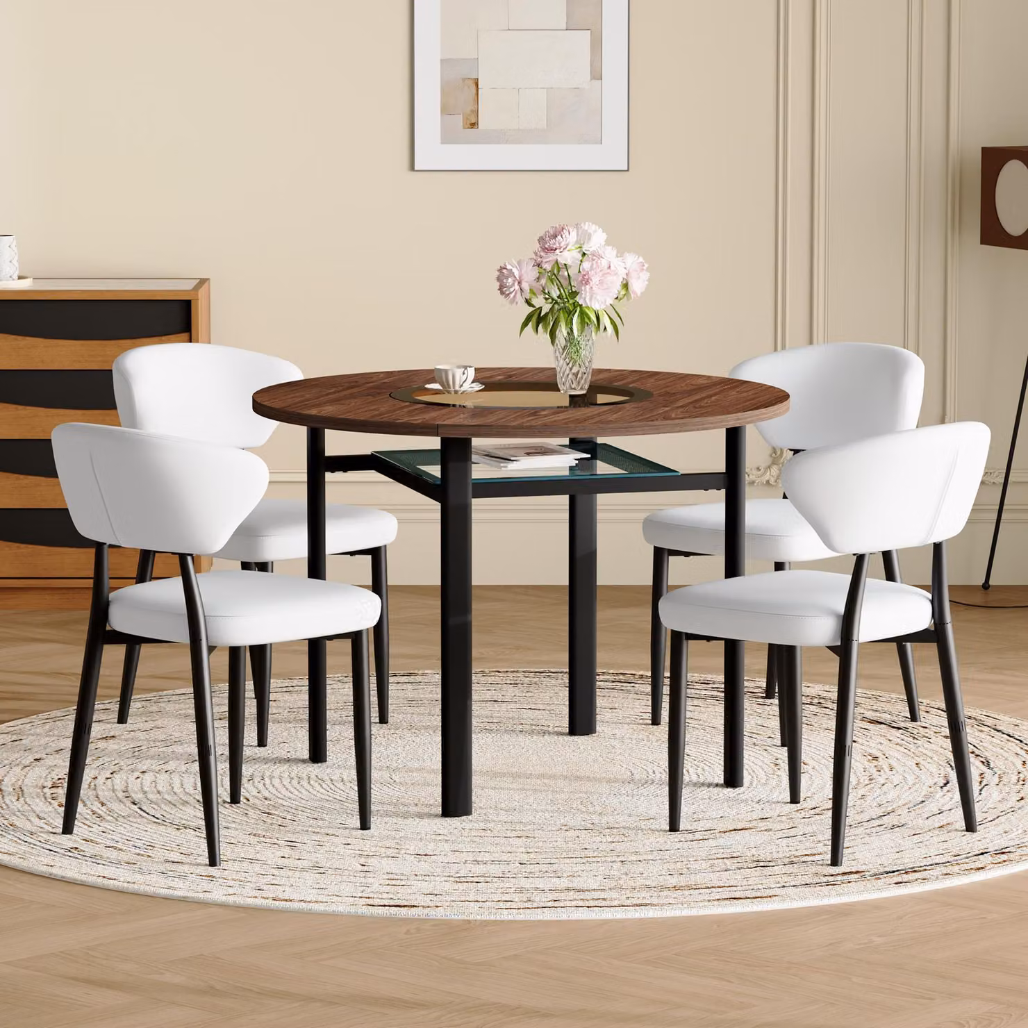 Set da tavolo rotondo STILVORA composto da 4 sedie bianche inPoliuretanocon schienale ricurvo; sedie da pranzo inPoliuretanocon diametro di 100 cm e finitura effetto legno, adatte a un tavolo da pranzo rotondo per sala da pranzo e cucina