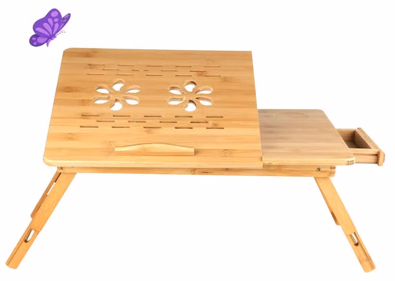 Tavolino regolabile in altezza con cassetto, dotato di ventilazione, pieghevole, supporto per laptop, tavolino da letto, dimensioni 66x35 cm, colore legno, materiale: bambù