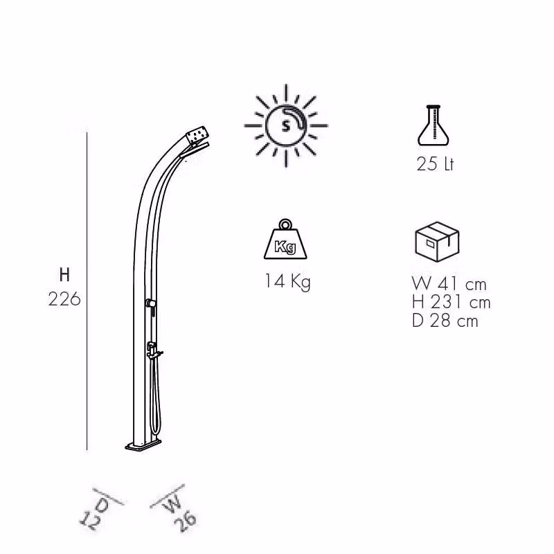 Doccia Solare Spring Arkema Design in Alluminio con Miscelatore e Doccetta, Colore Nero, Capacità 25 Litri – 2