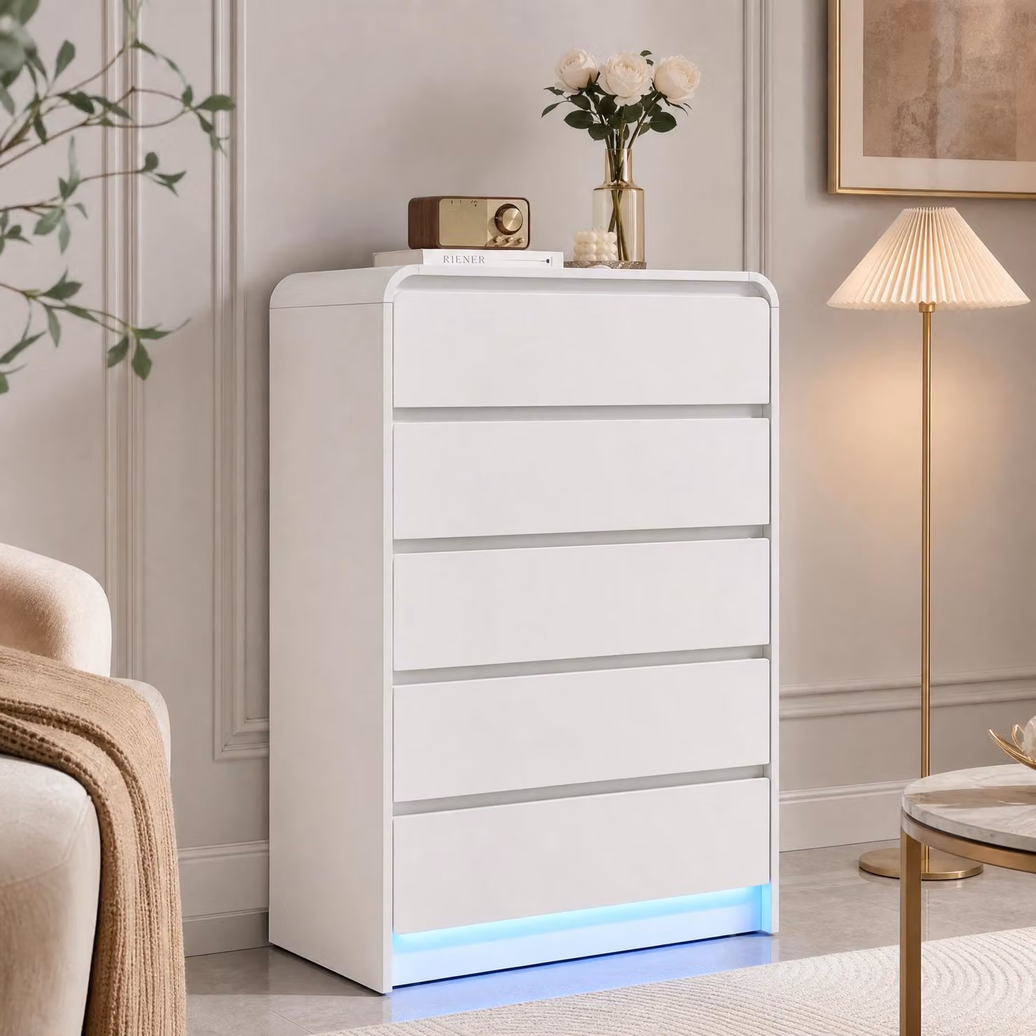 Comodino INONEFT con LED, mobile contenitore con 5 cassetti, mobile portaoggetti in legno con ampio spazio di stoccaggio, mobile TV per il soggiorno, 73x40x110 cm, bianco
