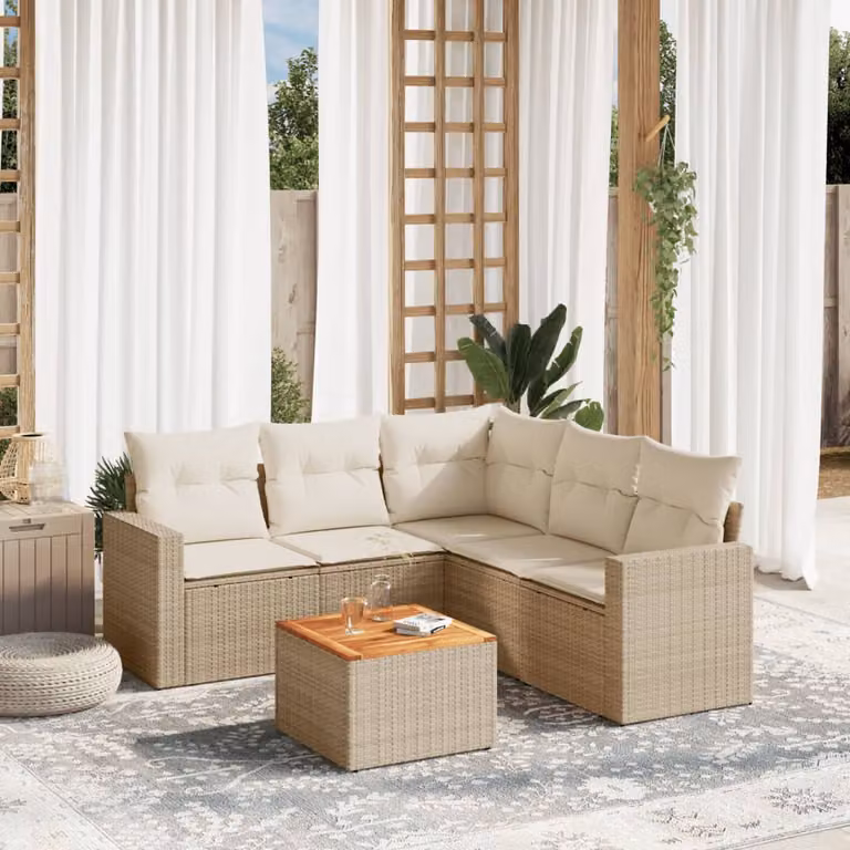 vidaXL Set Divano da Giardino a L 6 pz in Polyrattan con Cuscini Beige e Tavolino Moderno