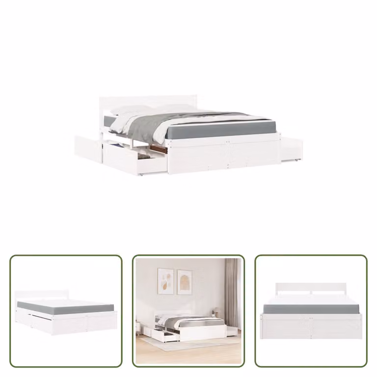The Living Store Letto con cassetti e materasso bianco 140x200 cm in legno massiccio