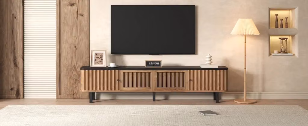 Mobile TV Mivray moderno color rovere con due ante scorrevoli e anta centrale a griglia in MDF e pannello truciolare, L: 190 cm, P: 35 cm, H: 45 cm – 2