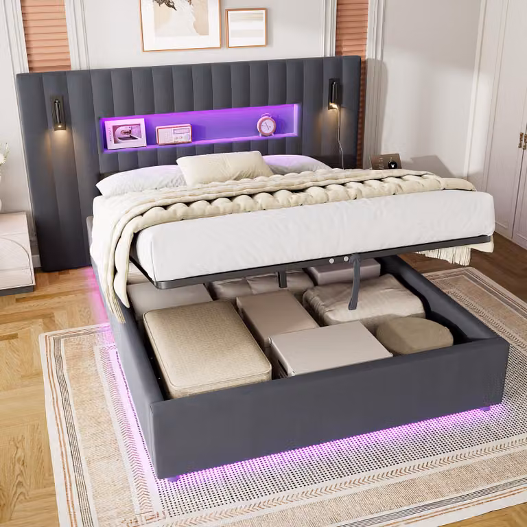 Letto a castello MODFU per giovani, 140x200 cm, con rivestimento in velluto e alta testata. Letto a molle con sistema idraulico, matrimoniale, con luci LED e porta USB, senza materasso, colore grigio