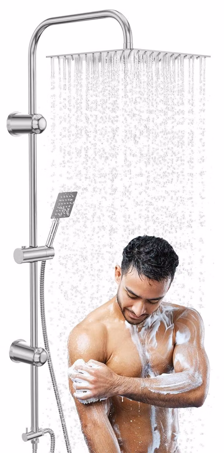 Set doccia a pioggia - Con doccetta a mano - Supporto regolabile a parete - Acciaio inox - Cromato