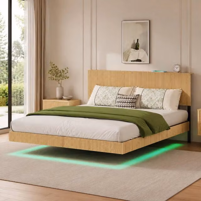 Letto sospeso 210.5x184x99.7 cm con presa integrata e luci LED RGB in metallo e pannello di particelle naturale