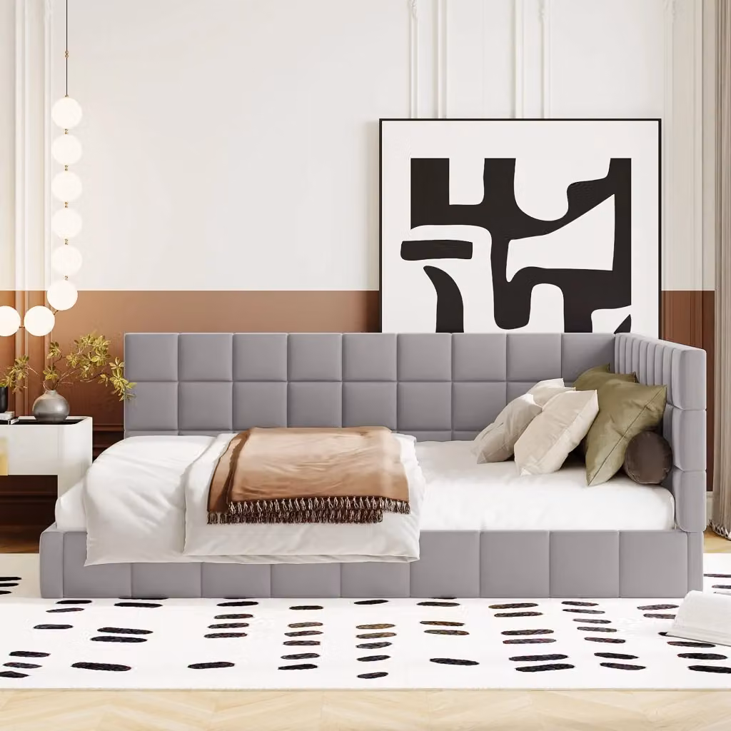 Letto matrimoniale imbottito in velluto grigio con rete e testiera in stile classico, L/P/H: 140 x 200 x 147 cm – 2
